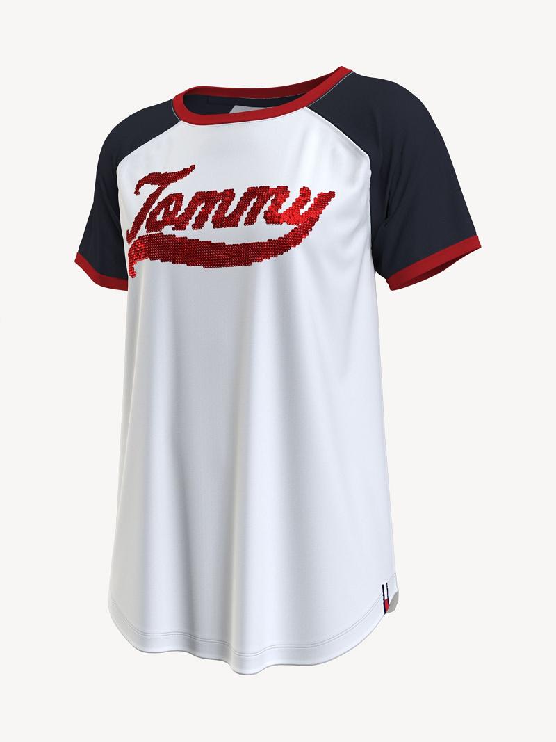 Női Tommy Hilfiger Tommy Sequin Baseball Póló Fehér Színes | HU 484VRW